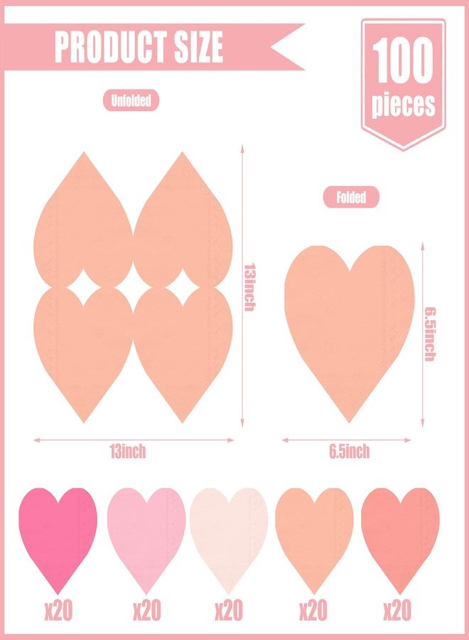 JarThenaAMCS مناديل ورقية على شكل قلب من JarThenaAMCS، ١٠٠ قطعة، لعيد الحب، ٥ ألوان وردية، مناديل غداء، مناديل عشاء للاستخدام مرة واحدة على شكل قلب، مثالية لحفلات الذكرى السنوية - Image 2
